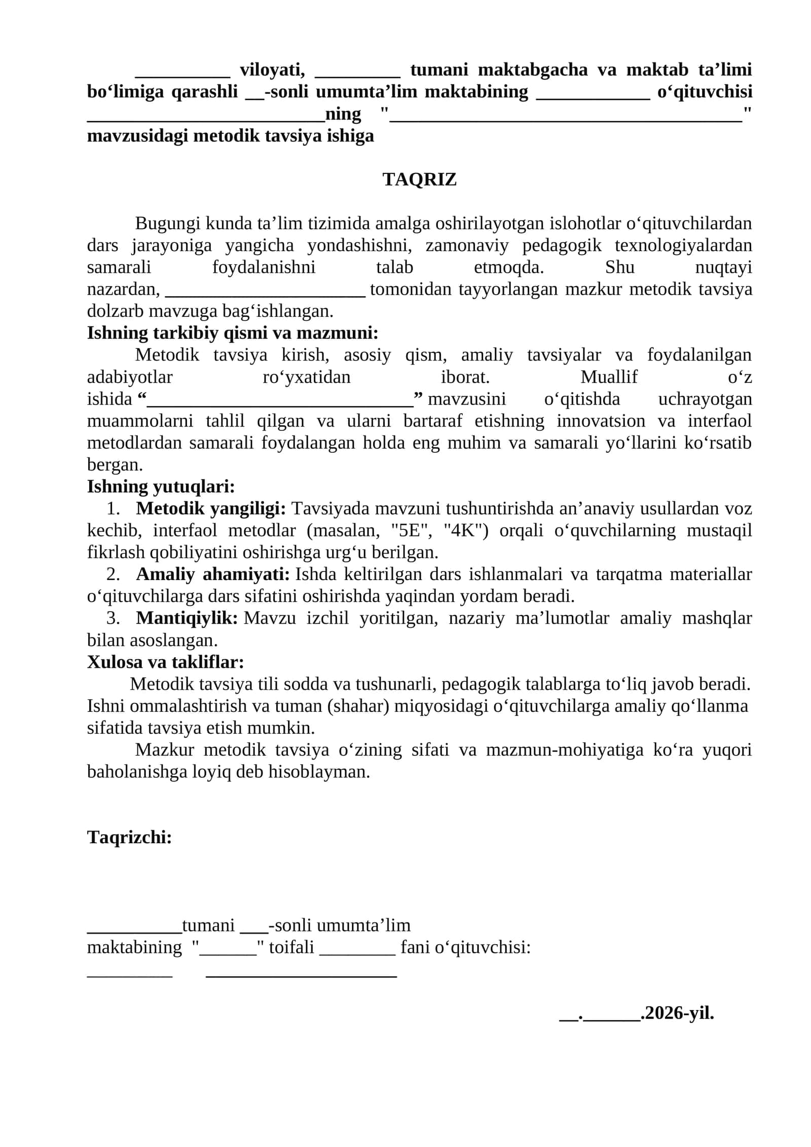 Ommalashtirishga tayyor  taqriz metodik tavsiya ishiga 1