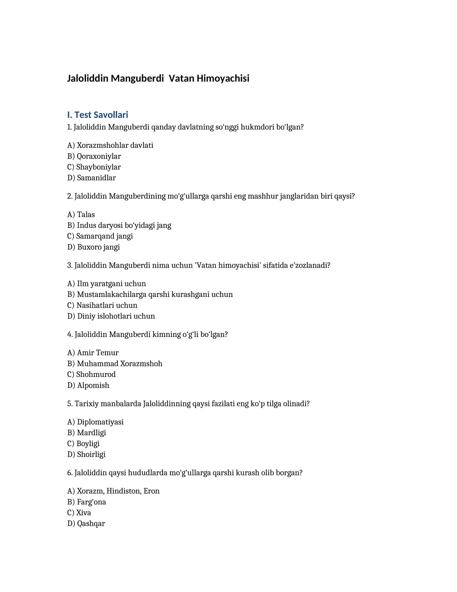 Jaloliddin Manguberdi Vatan Himoyachisi Test Savollari 1