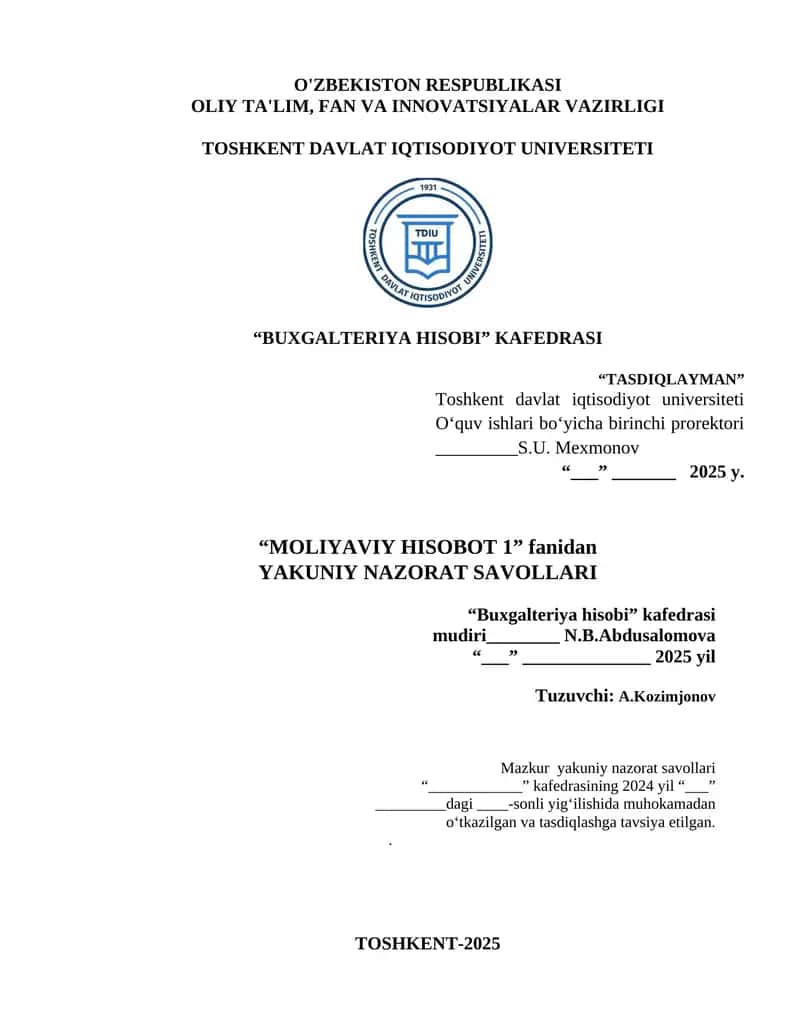 Moliyaviy Hisobot fanidan yakuniy nazorat testlari 1