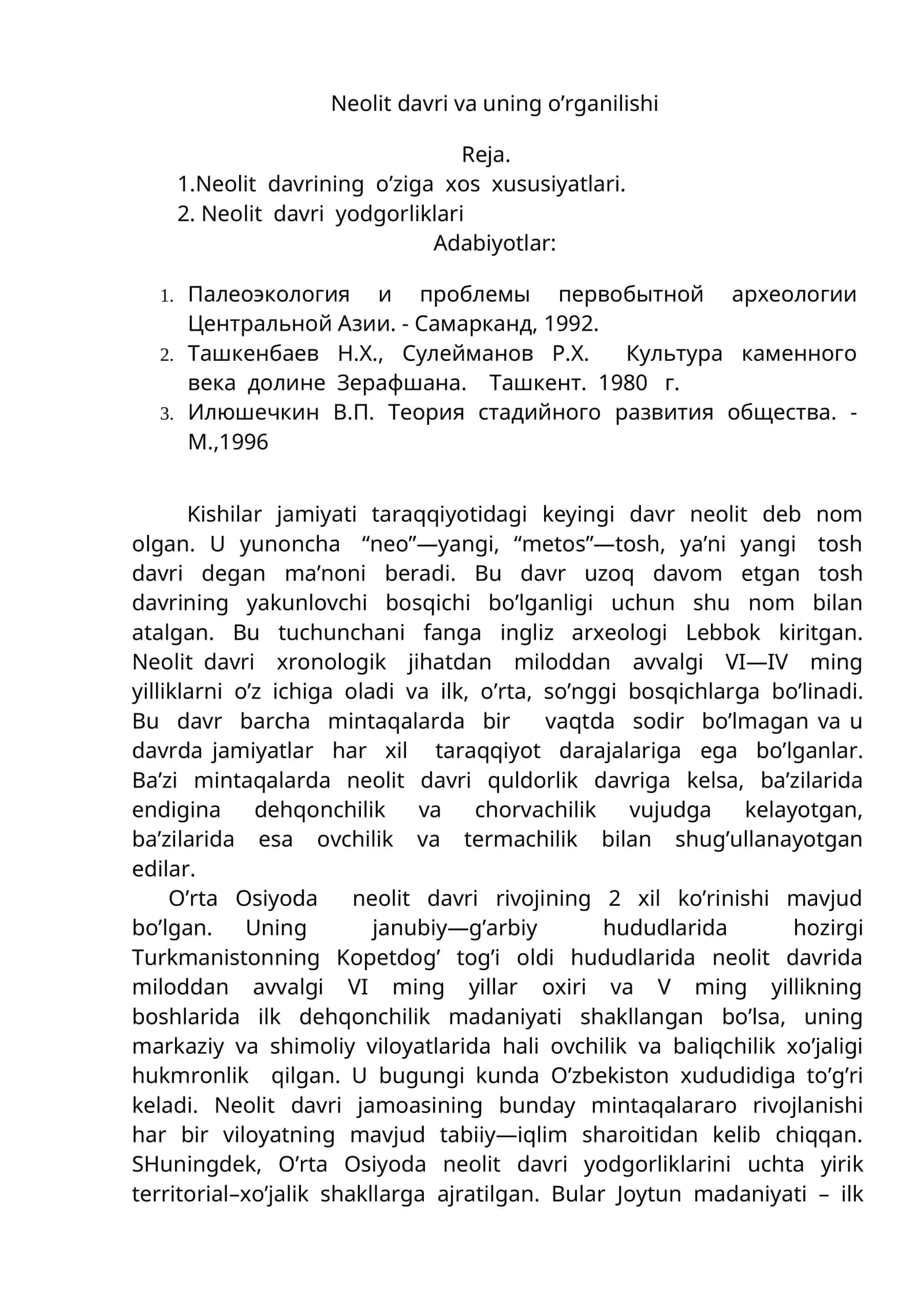 Neolit davri va uning o’rganilishi 1