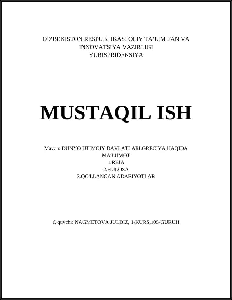 DUNYO IJTIMOIY DAVLATLARI.GRECIYA HAQIDA MA'LUMOT 1