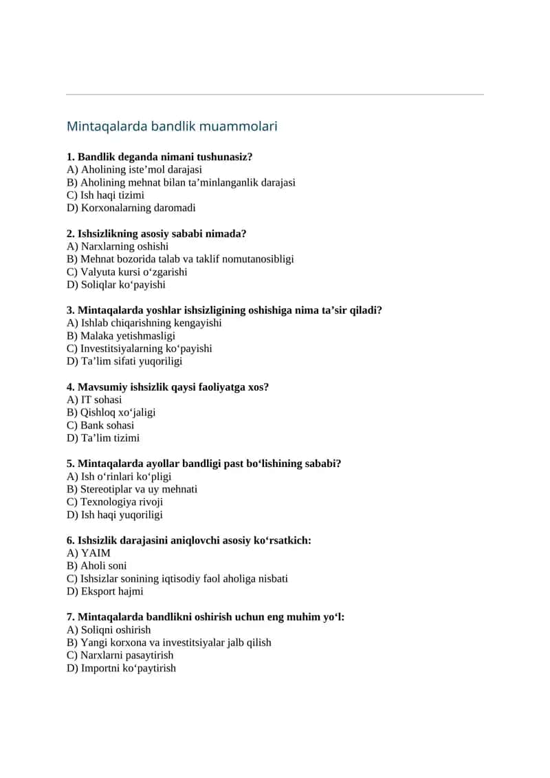 Mintaqalarda bandlik muammolari 1