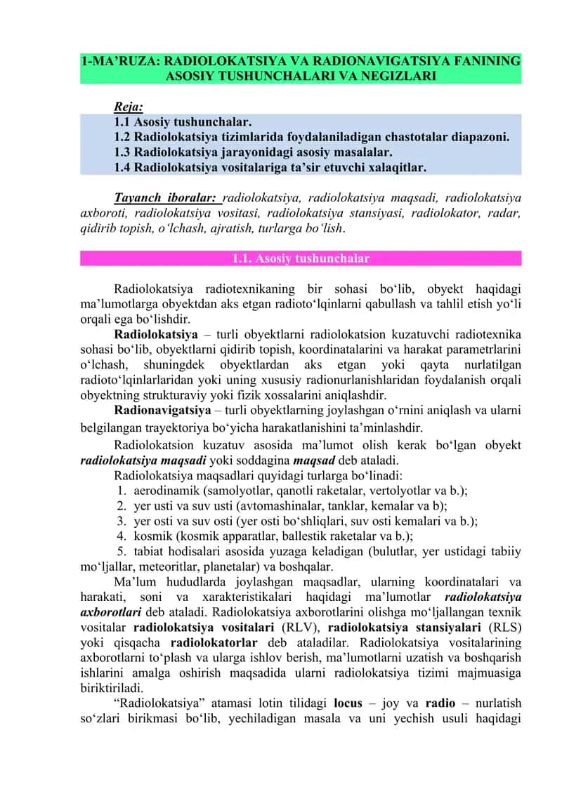 Radiolokatsiya va Radionavigatsiya 1
