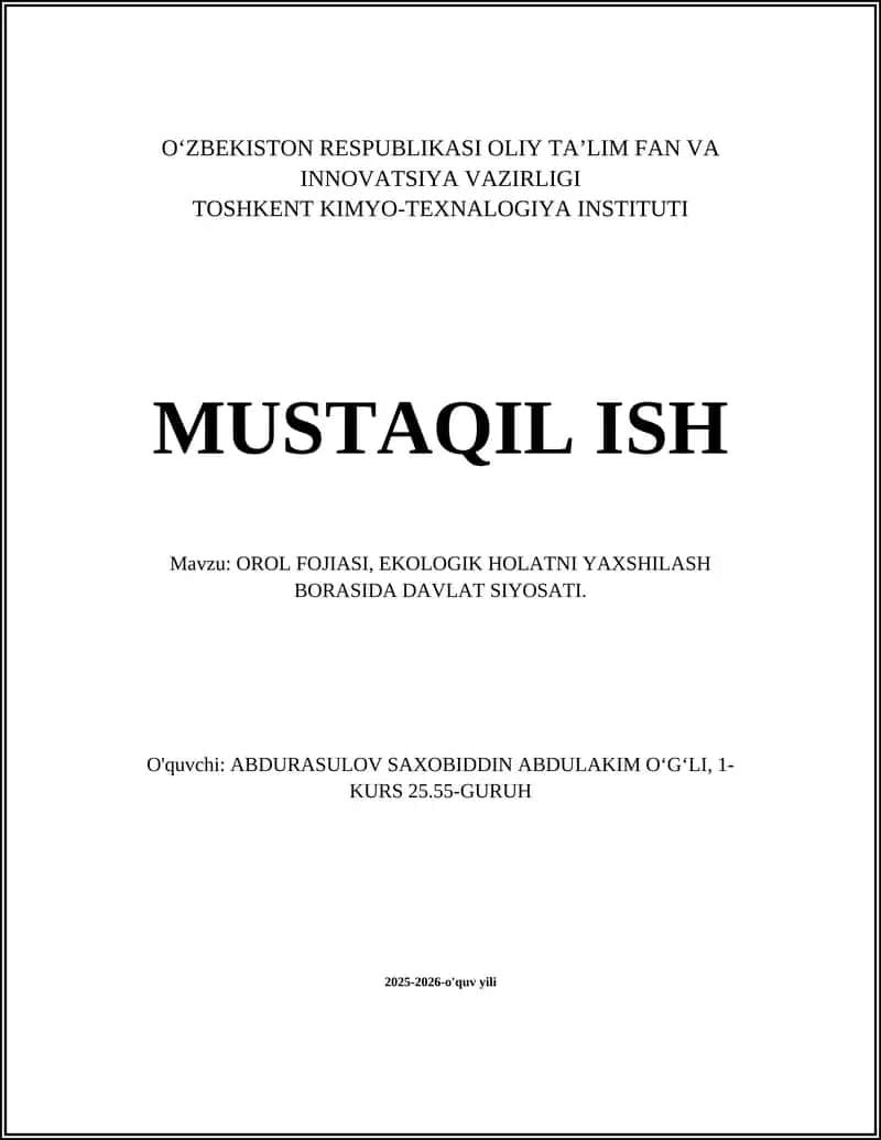 OROL FOJIASI, EKOLOGIK HOLATNI YAXSHILASH BORASIDA DAVLAT SIYOSATI 1