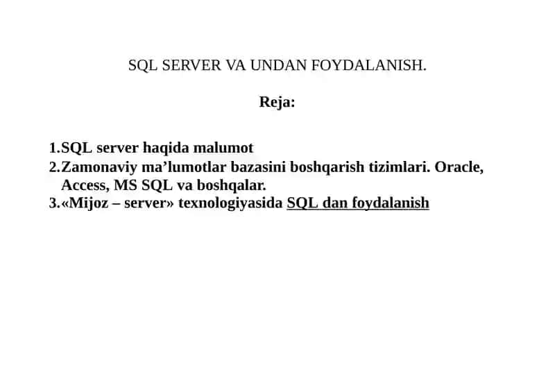 SQLSERVER VAUNDAN FOYDALANISH