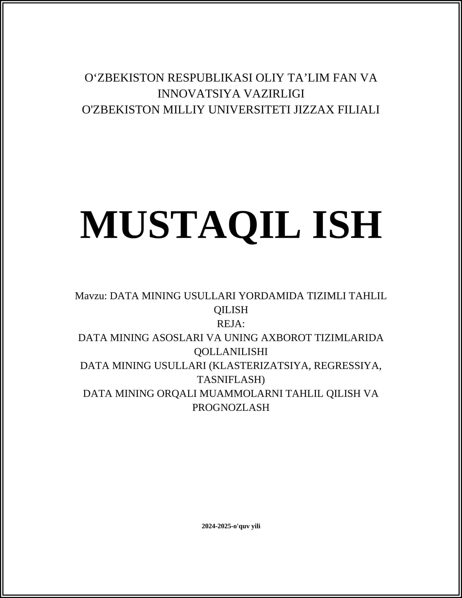 DATA MINING USULLARI YORDAMIDA TIZIMLI TAHLIL QILISH 1