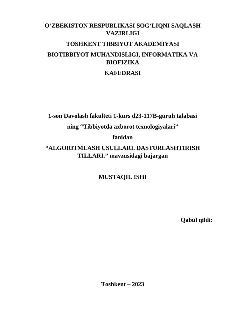 "ALGORITMLASH USULLARI. DASTURLASHTIRISH TILLARI." 1