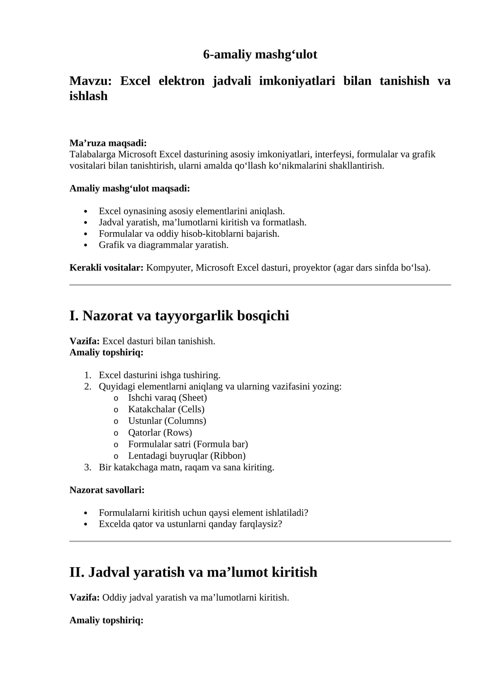 Excel elektron jadvali imkoniyatlari bilan tanishish va ishlash 1