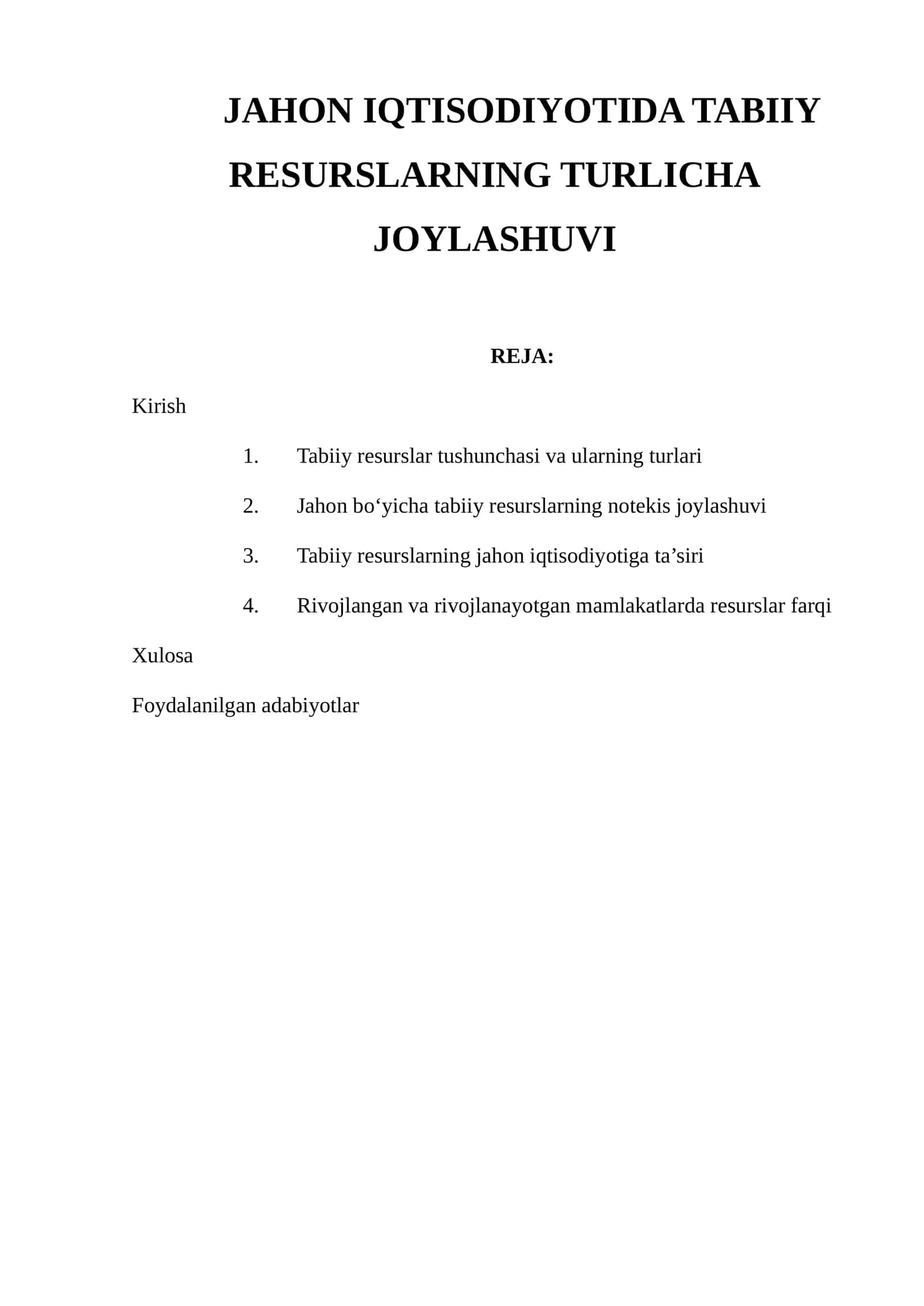 Tabiiy Resurslar va Iqtisodiyot 1