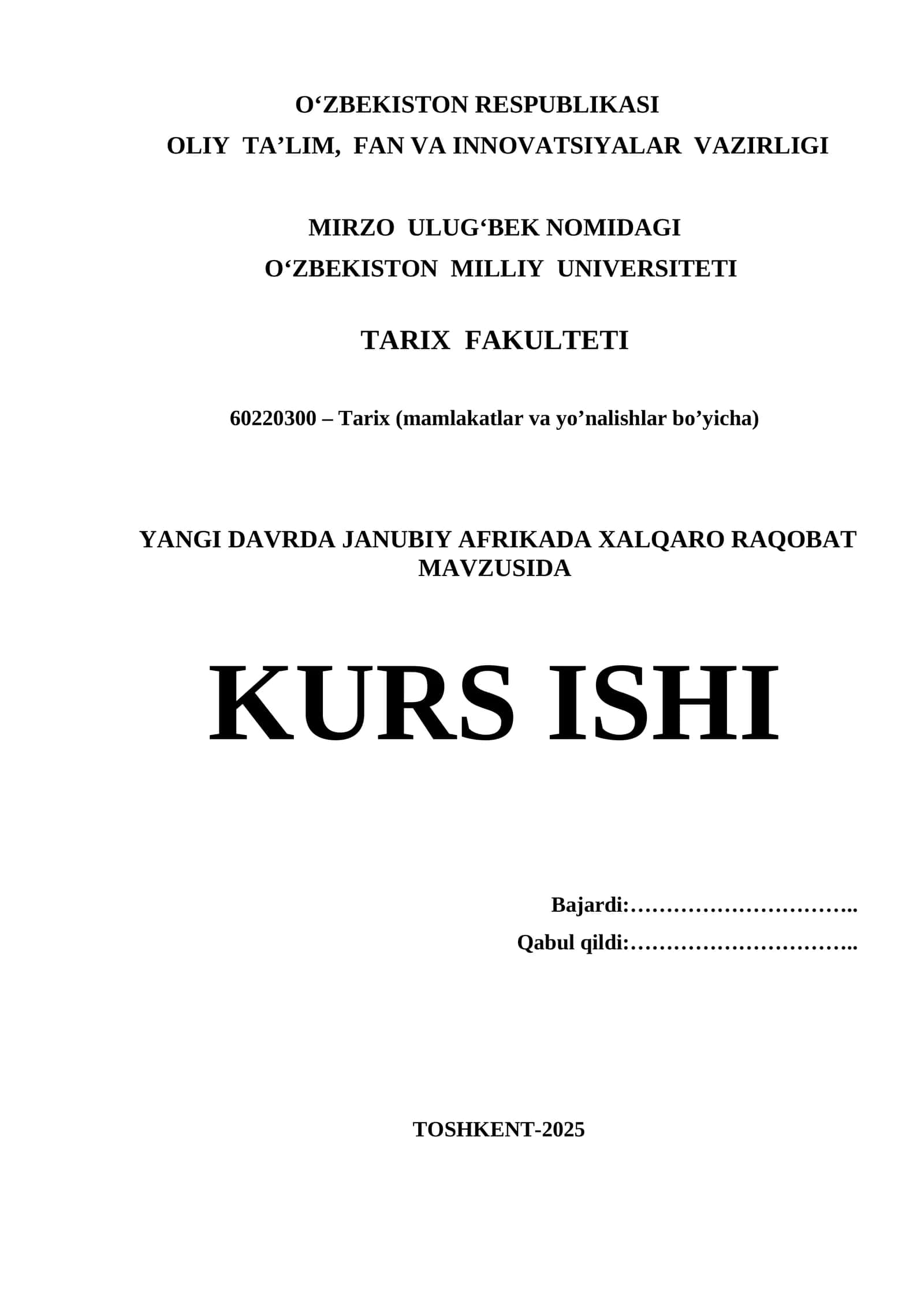 Yangi davrda Janubiy Afrikada Xalqaro raqobat Kurs ishi 1