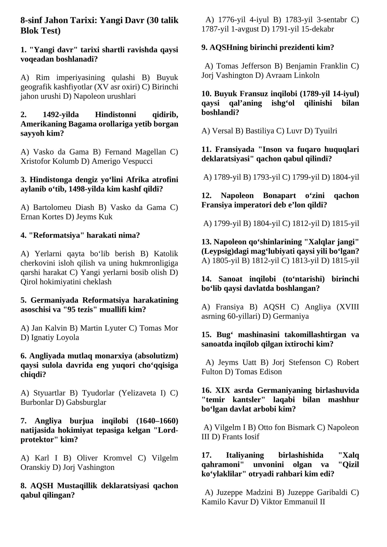 8-sinf Jahon Tarixi: Yangi Davr (30 talik Blok Test) 1