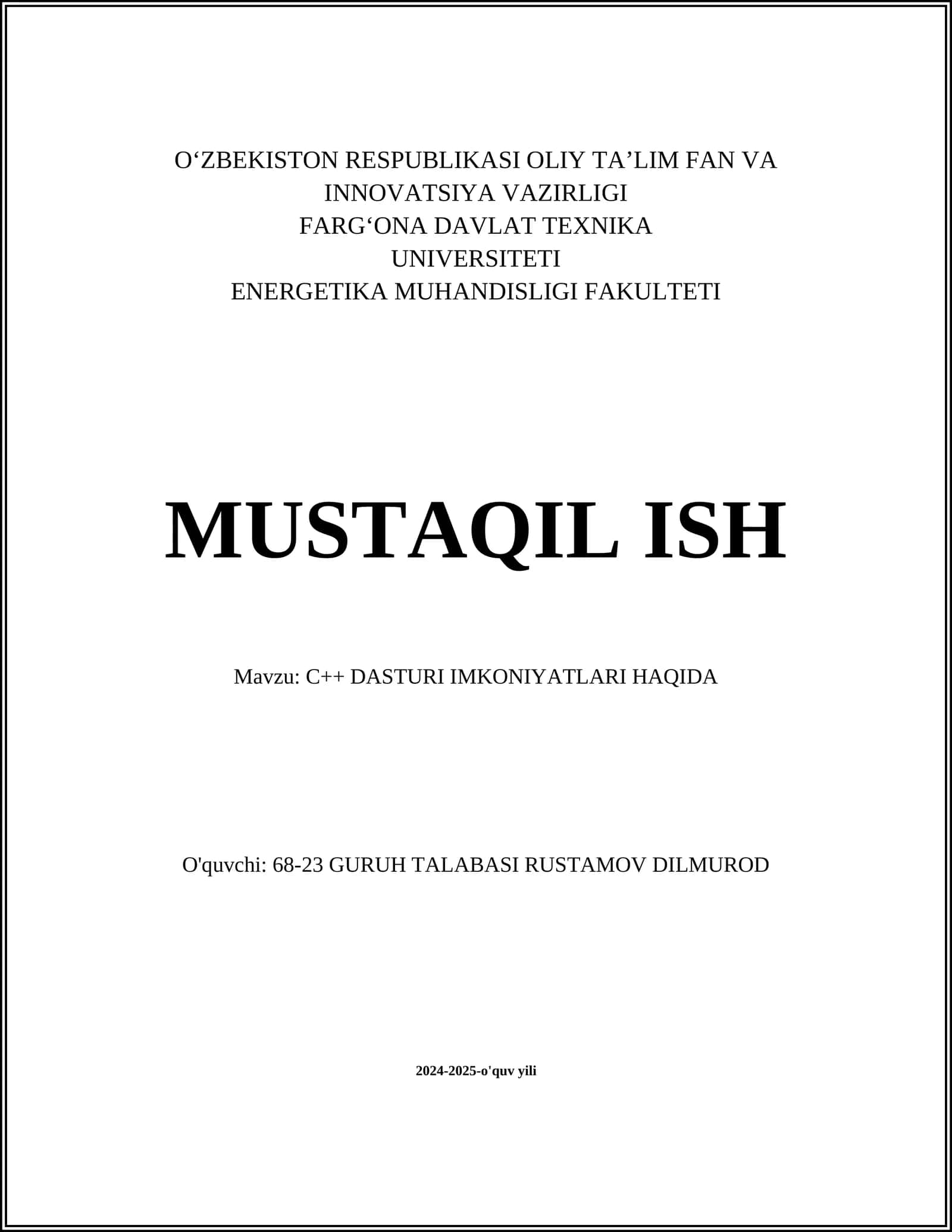 C++ DASTURI IMKONIYATLARI HAQIDA 1
