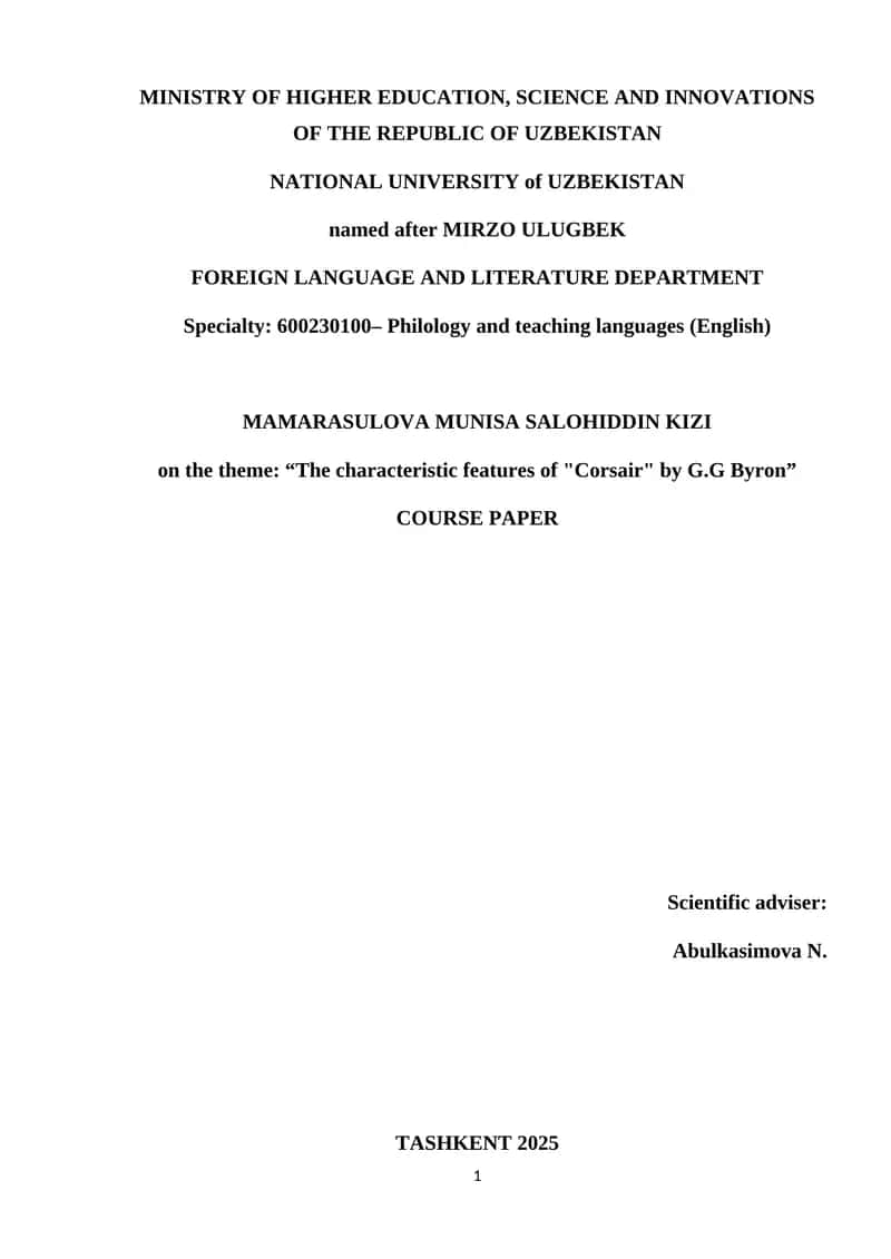 Course Paper on "The characteristic features of "Corsair" by G.G Byron" 1