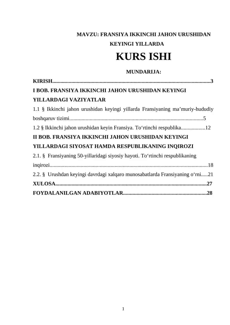 FRANSIYA IKKINCHI JAHON URUSHIDAN KEYINGI YILLARDA KURS ISHI 1