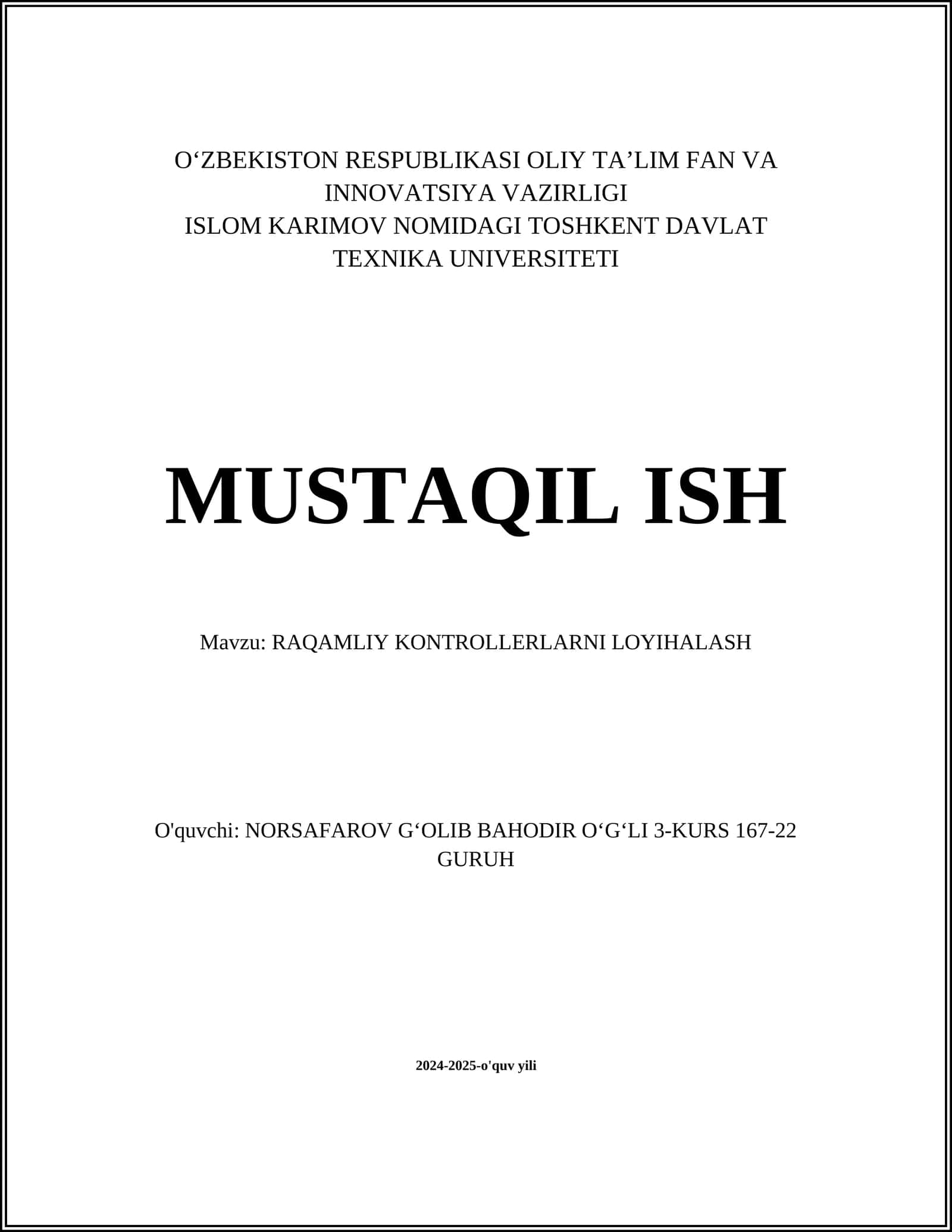 RAQAMLIY KONTROLLERLARNI LOYIHALASH 1