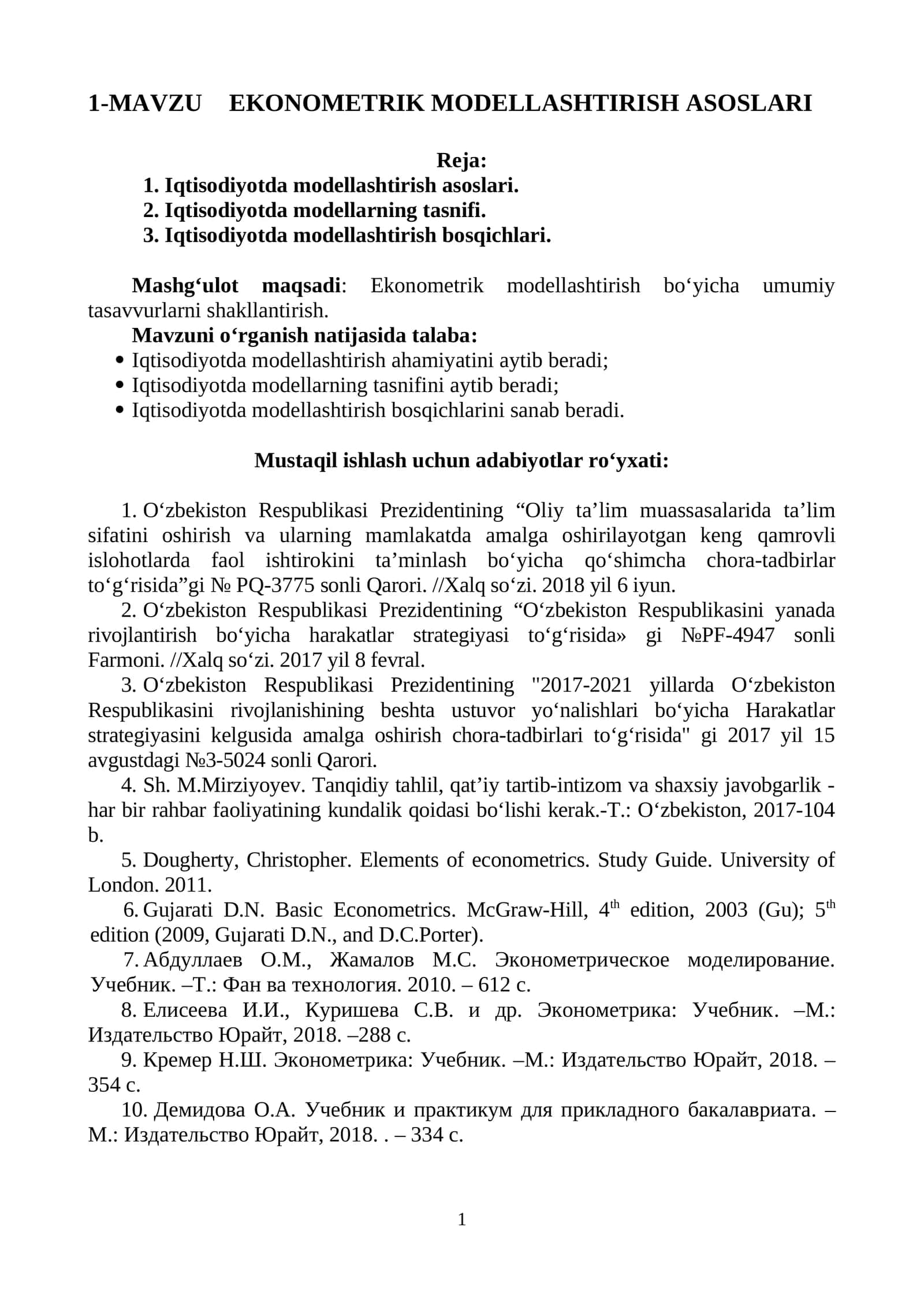 EKONOMETRIK MODELLASHTIRISH ASOSLARI 1
