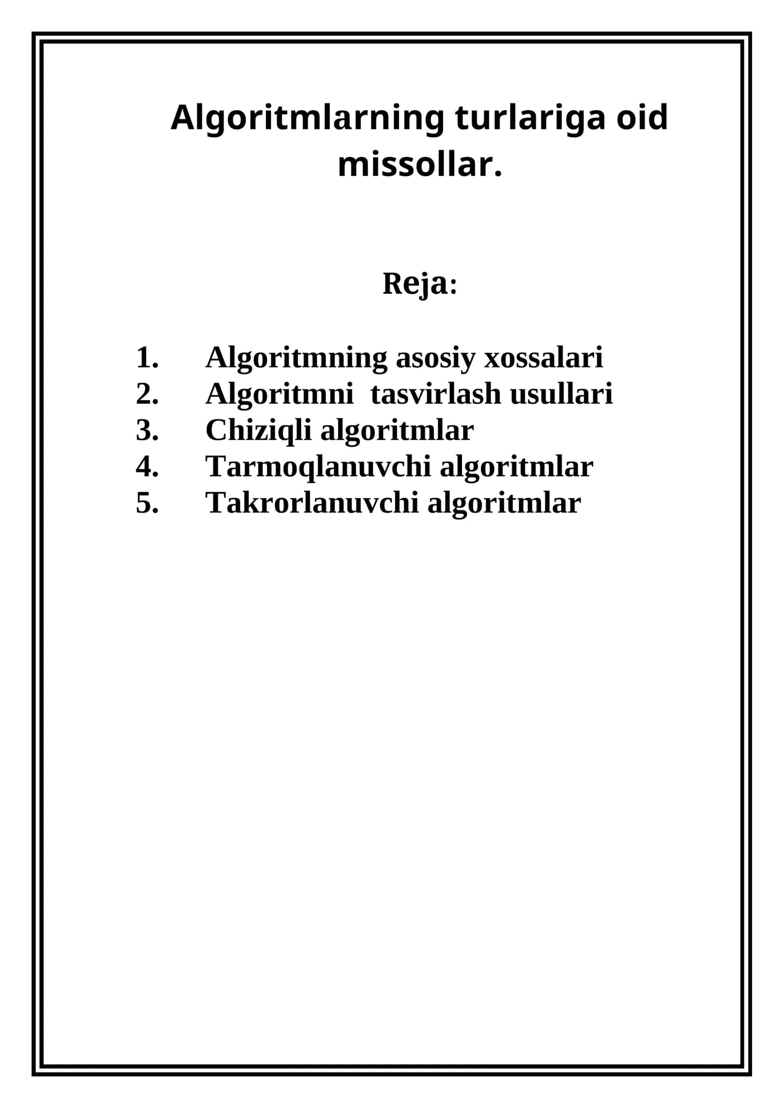Algoritmlаrning turlariga oid missollar 1