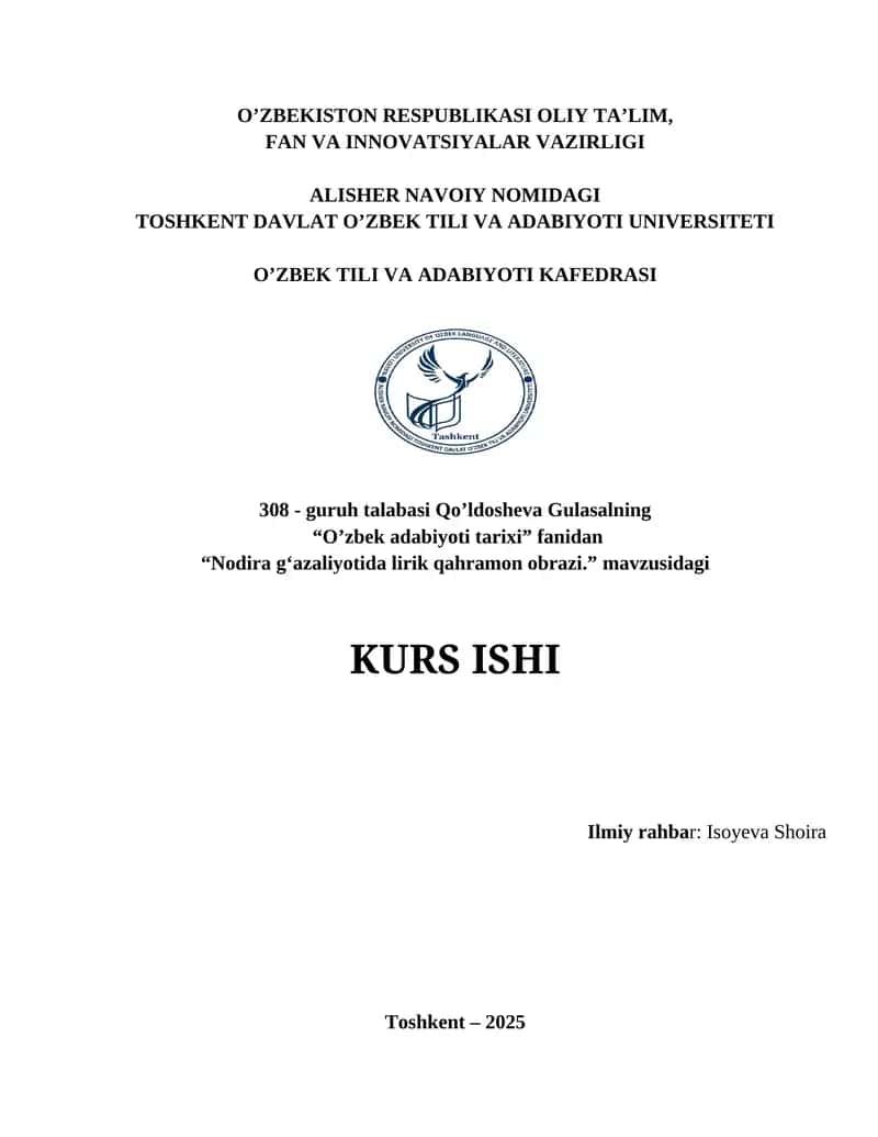 "Nodira gʻazaliyotida lirik qahramon obrazi" 1