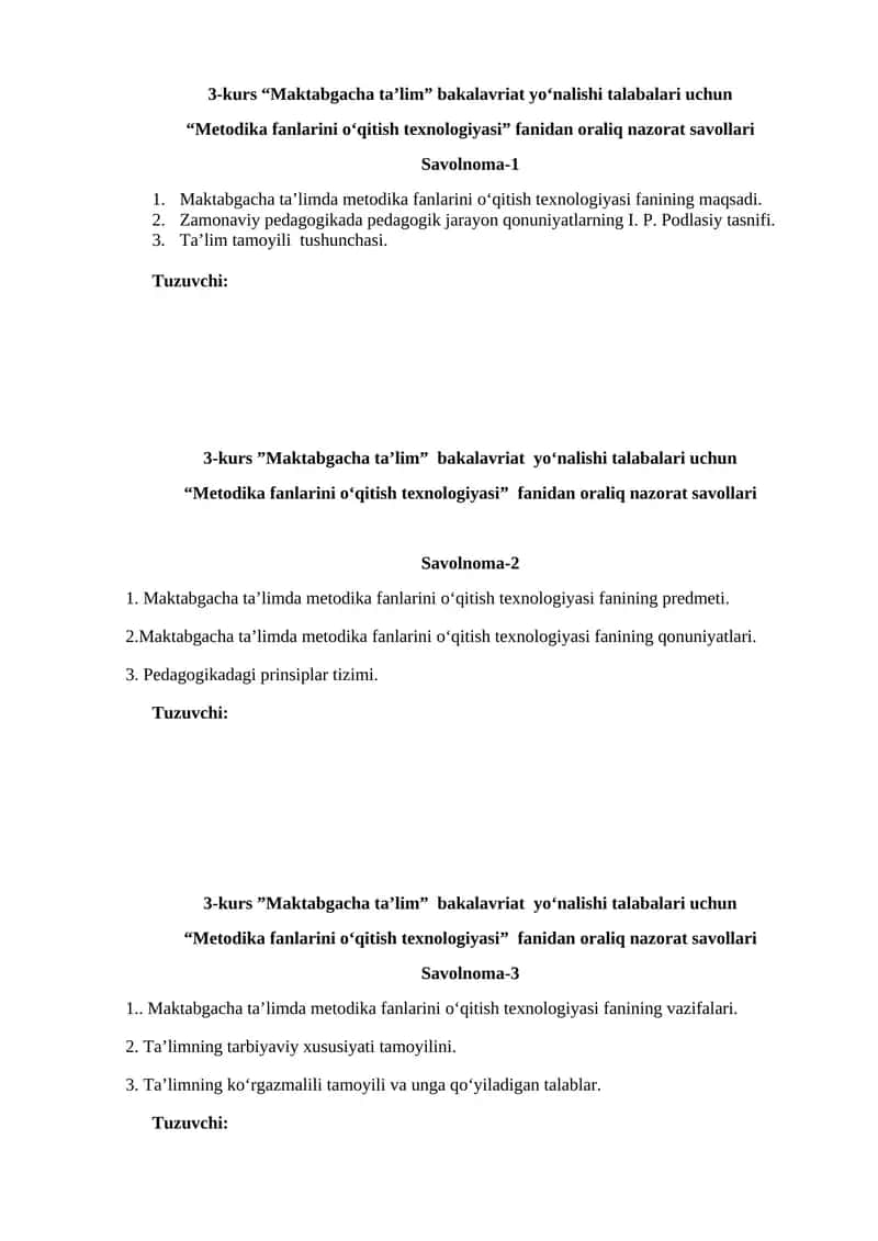 “Metodika fanlarini o‘qitish texnologiyasi” fanidan oraliq nazorat savollari 1