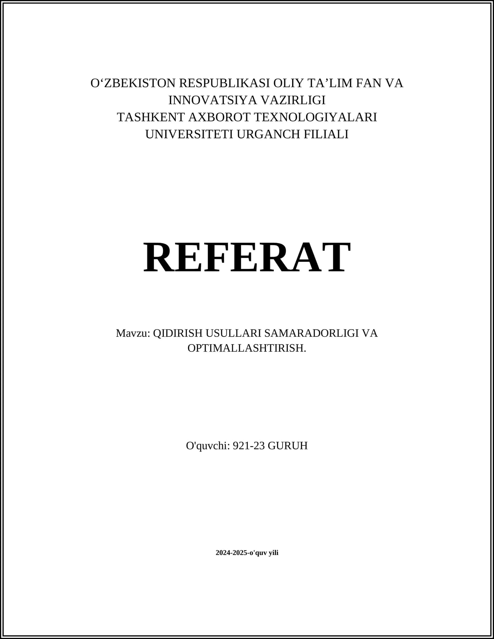 QIDIRISH USULLARI SAMARADORLIGI VA OPTIMALLASHTIRISH 1