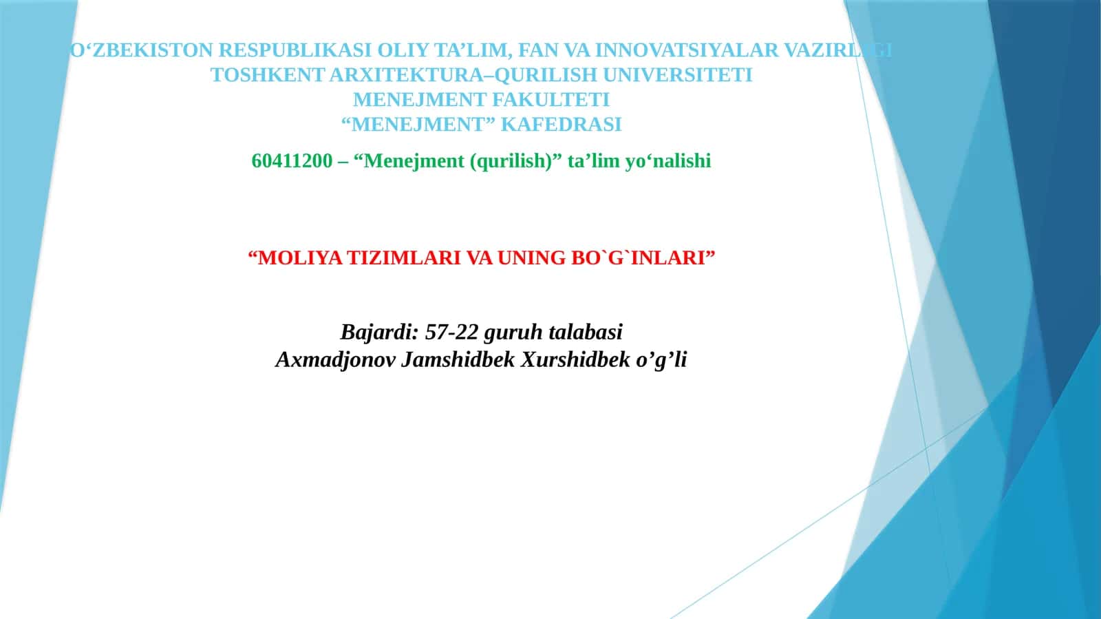 MOLIYA TIZIMLARI VA UNING BO`G`INLARI 1