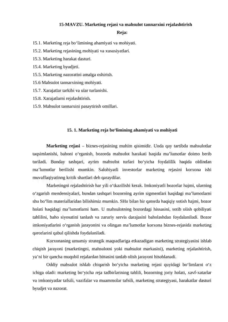 Marketing rejasi va mahsulot tannarxini rejalashtirish
