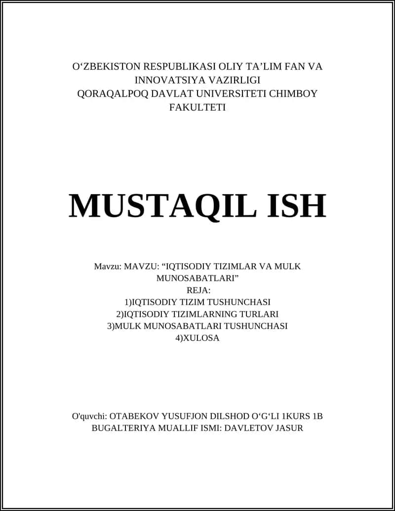 IQTISODIY TIZIMLAR VA MULK MUNOSABATLARI 1