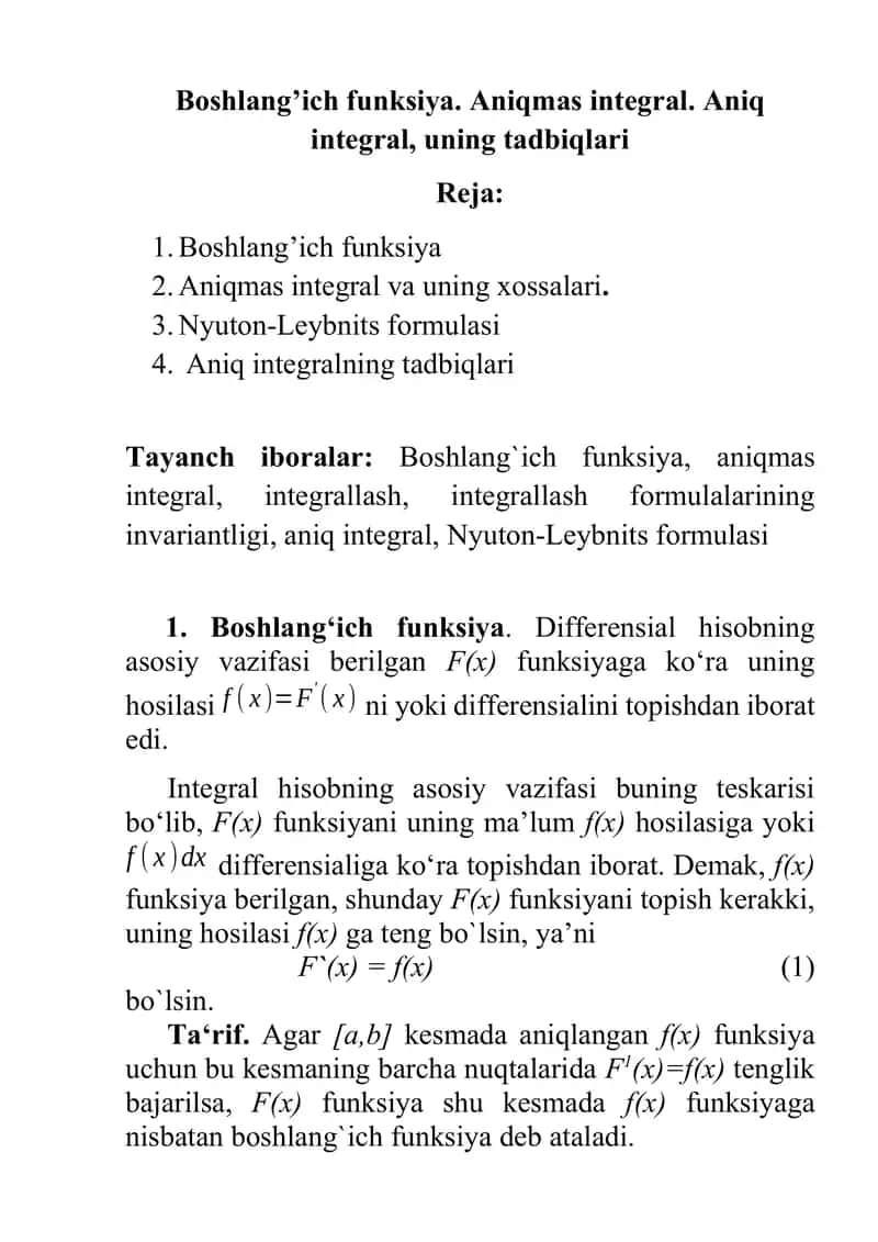 Boshlang’ich funksiya. Aniqmas integral. Aniq integral, uning tadbiqlari. 1