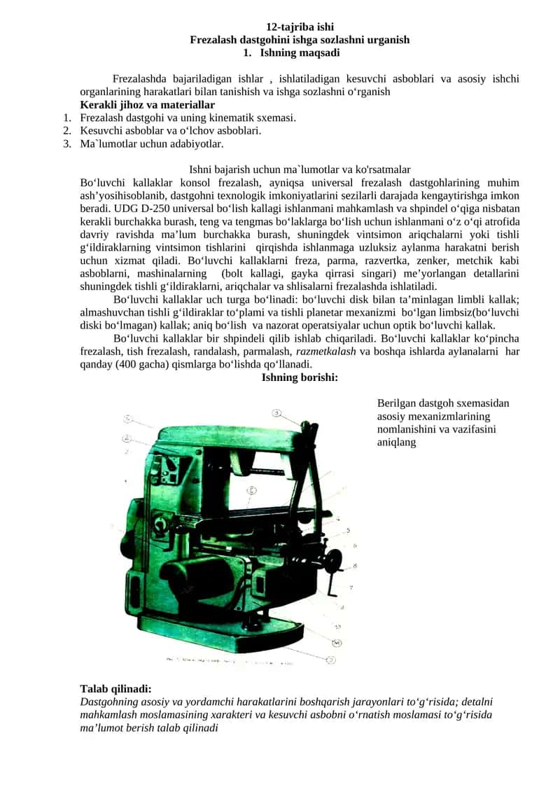Frezalash dastgohini ishga sozlashni urganish 1