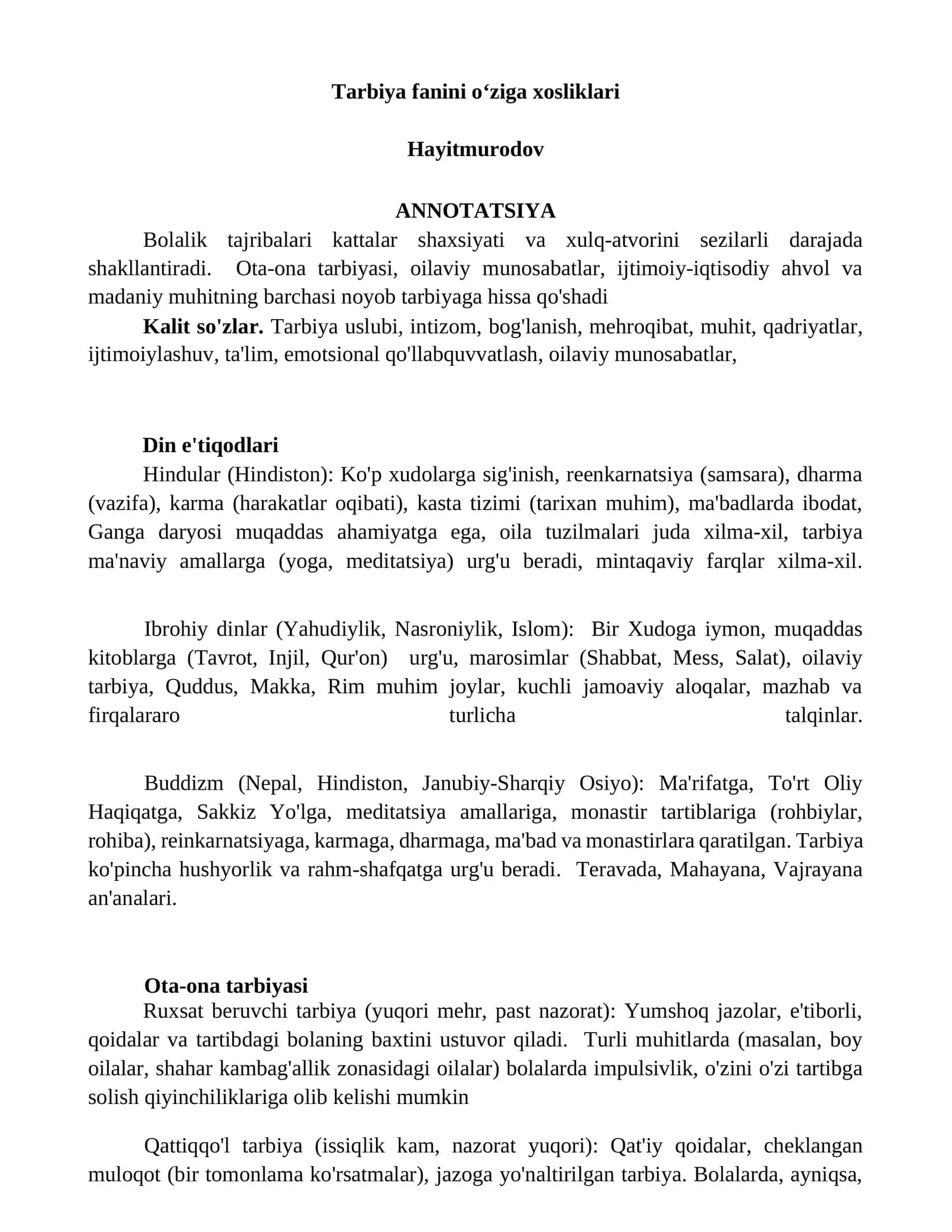 Tarbiya fanini oʻziga xosliklari 1