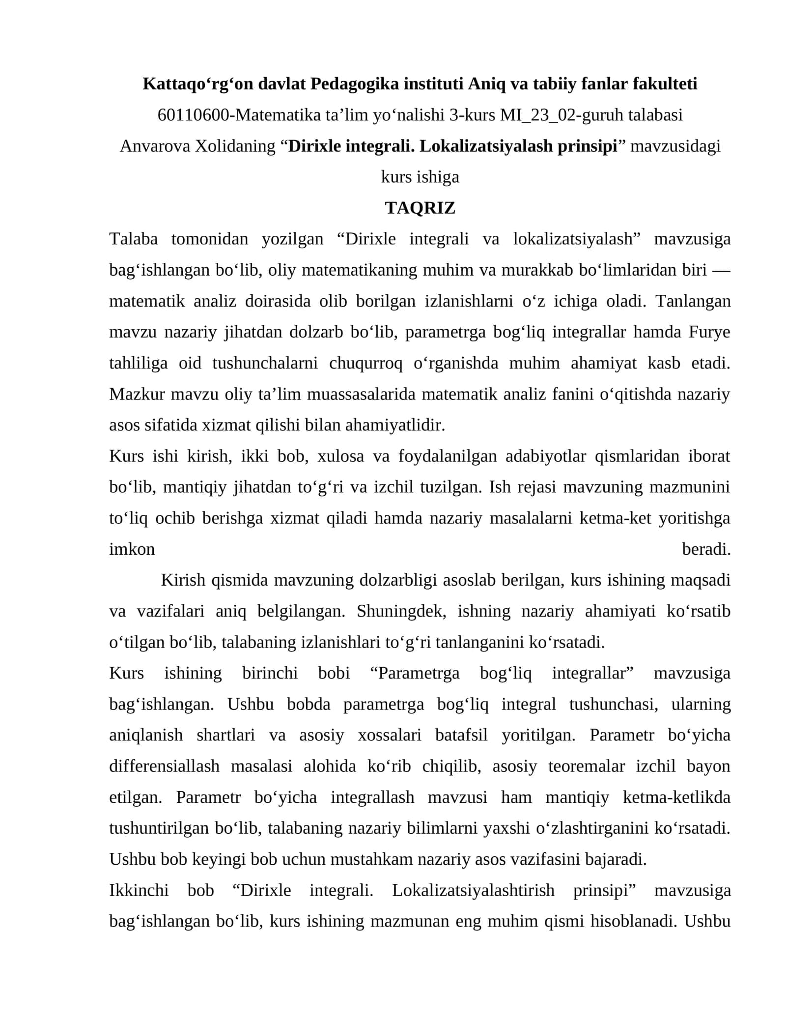 Dirixle integrali. Lokalizatsiyalash prinsipi 1