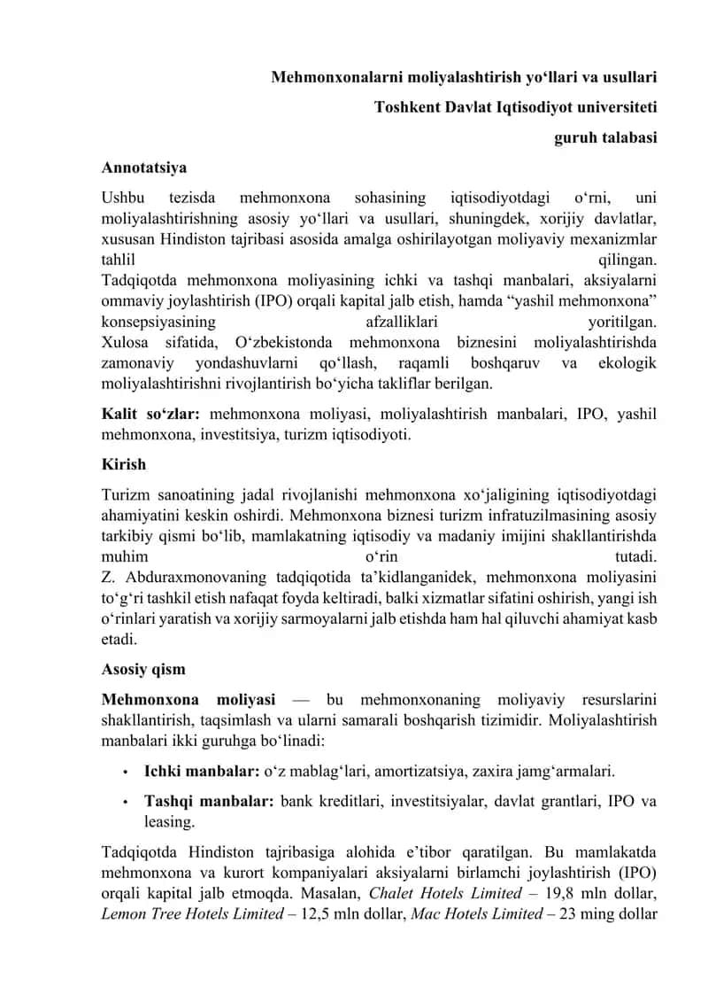 Mehmonxonalarni moliyalashtirish yo‘llari va usullari 1