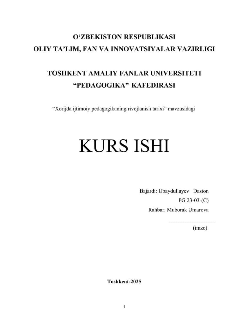 Xorijda ijtimoiy pedagogikaning rivojlanish tarixi. 1