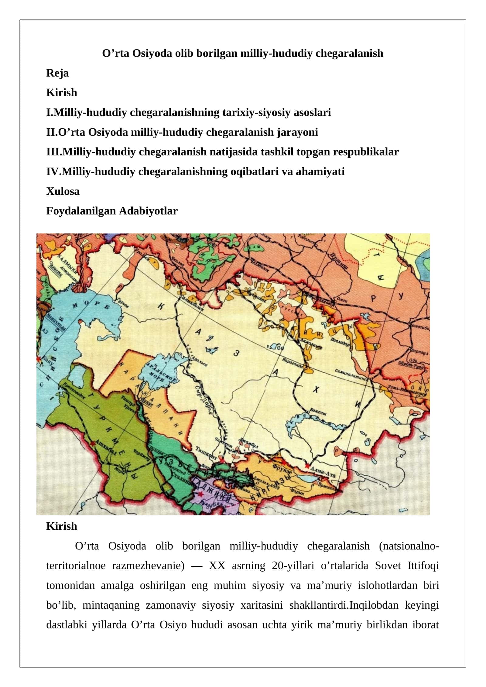 O’rta Osiyoda olib borilgan milliy-hududiy chegaralanish 1