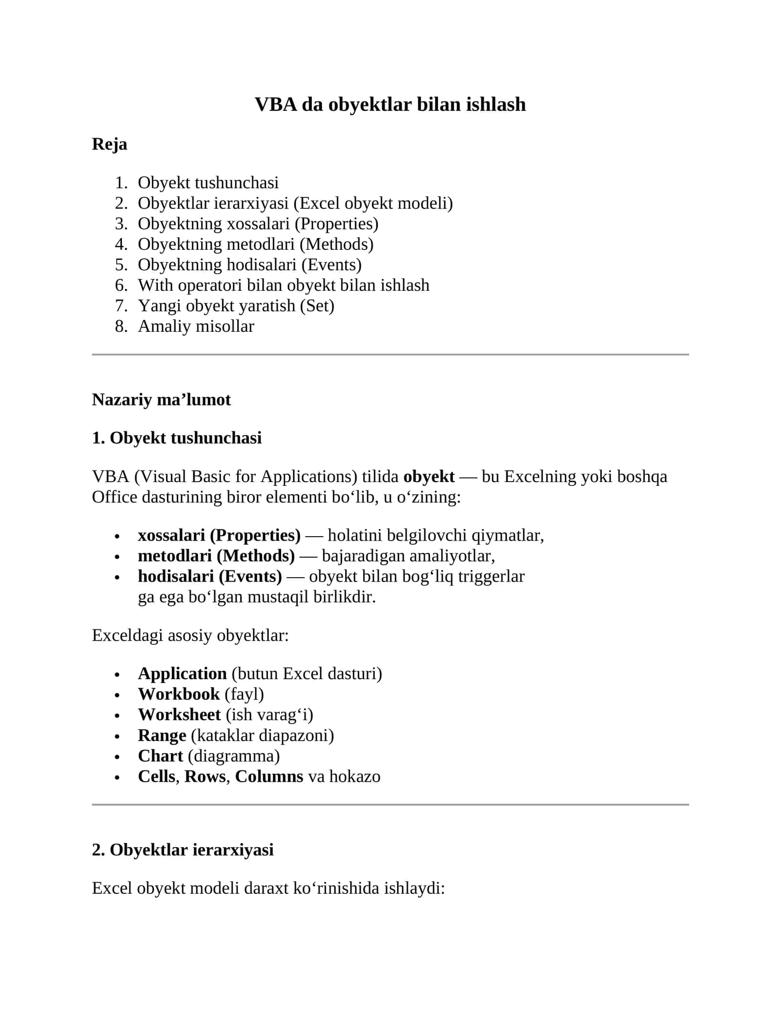 VBA da obyektlar bilan ishlash 1