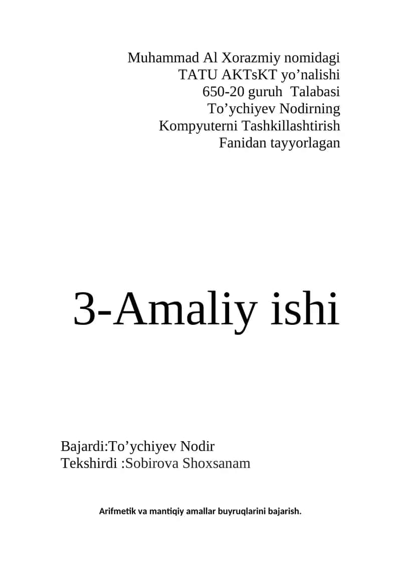 Kompyuterni Tashkillashtirish Fanidan Tayyorlagan Amaliy Ishi 1