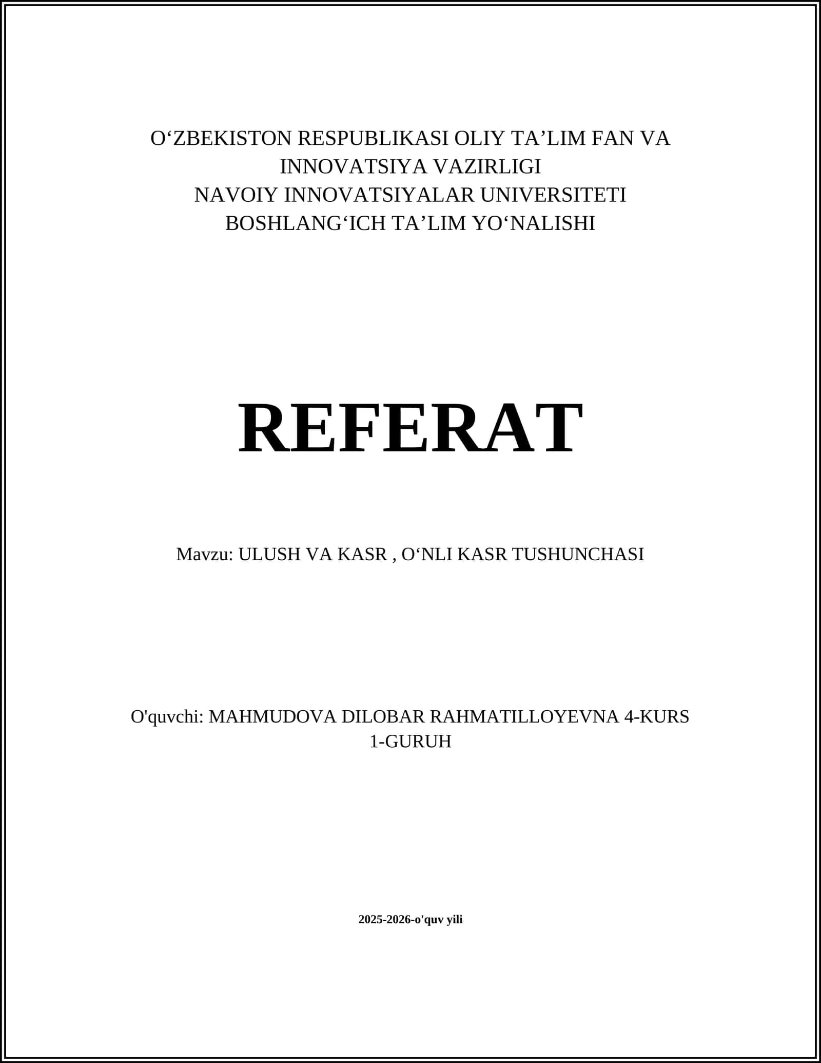 ULUSH VA KASR, OʻNLI KASR TUSHUNCHASI 1