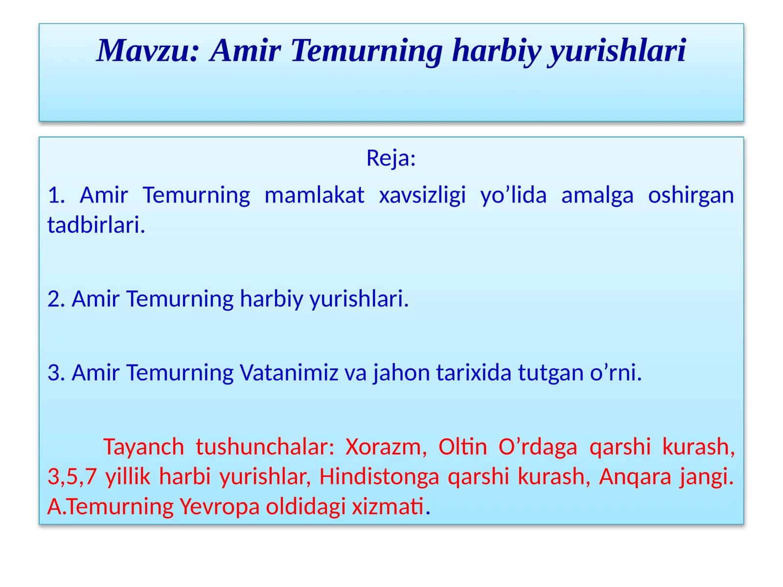 7-sinf O'zbekiston tarixi Amir Temurning harbiy yurishlari dars ishlanma 1