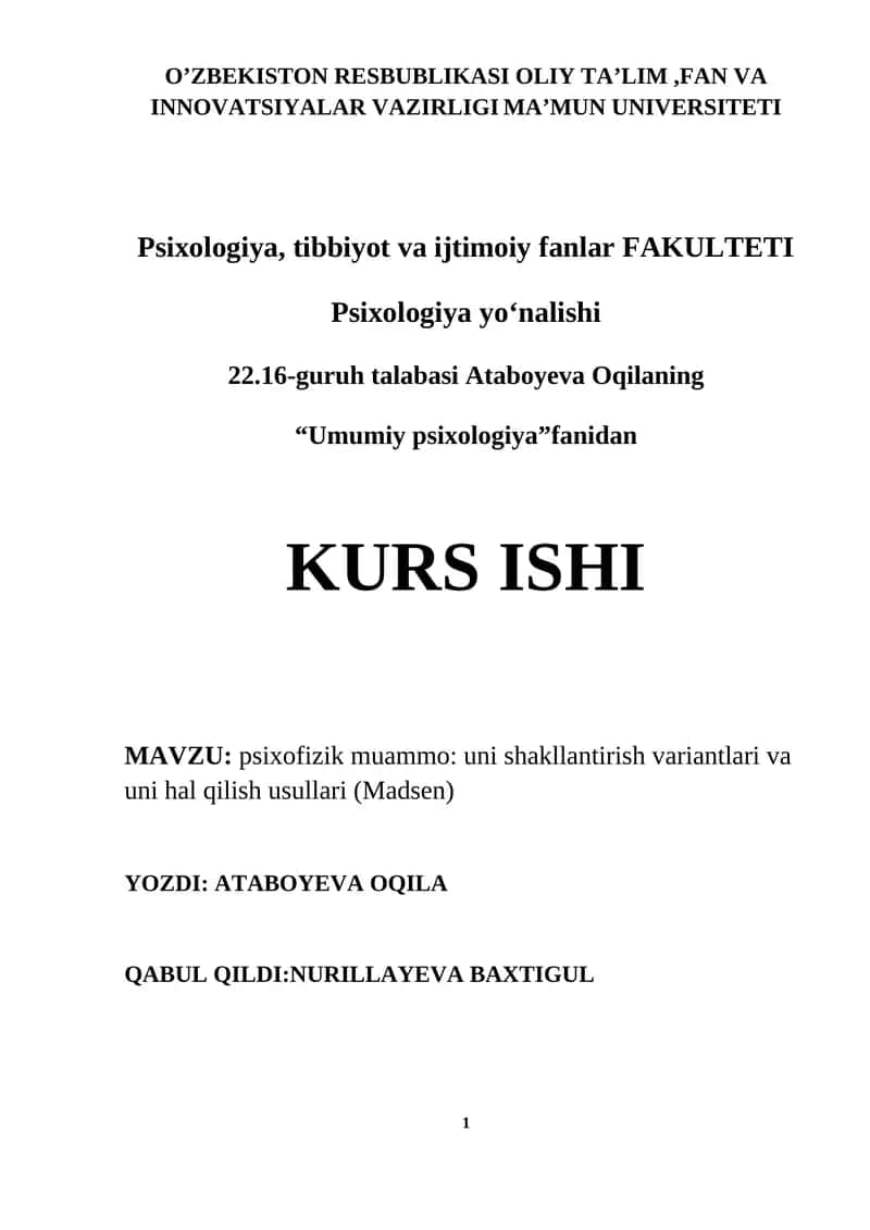 Psixofizik muammo: uni shakllantirish variantlari va uni hal qilish usullari (Madsen) 1