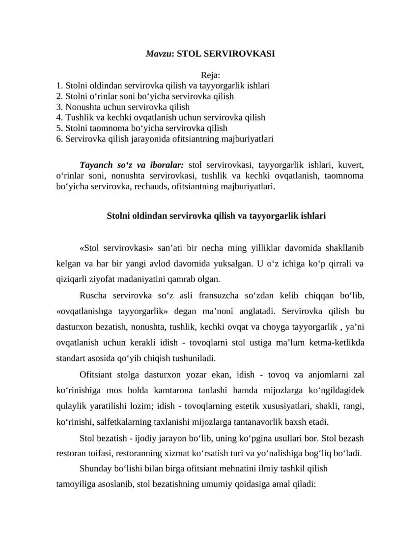 Stolni oldindan servirovka qilish va tayyorgarlik ishlari 1