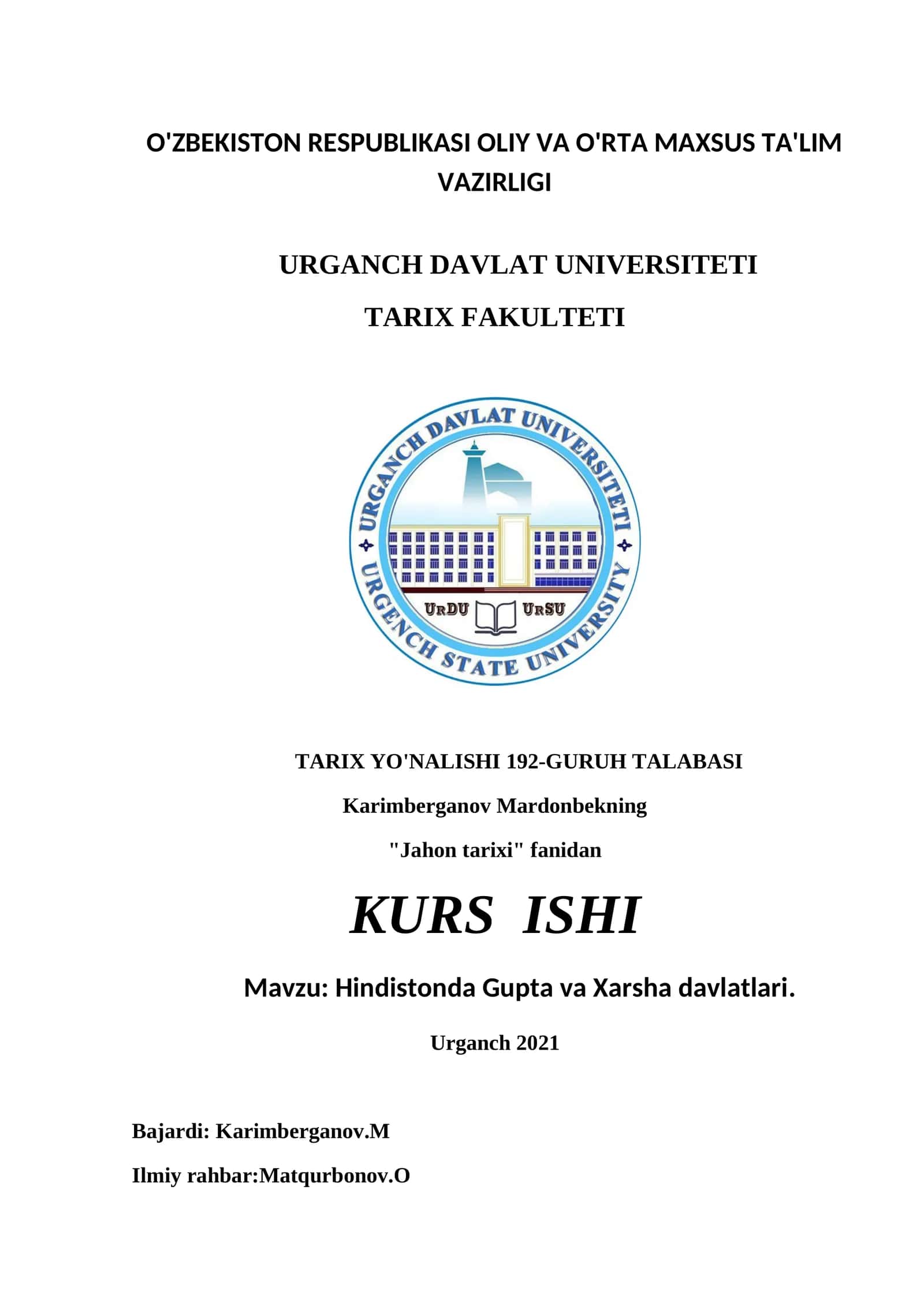 Jahon tarixi fanidan: Hindistonda Gupta va Xarsha davlatlari 1