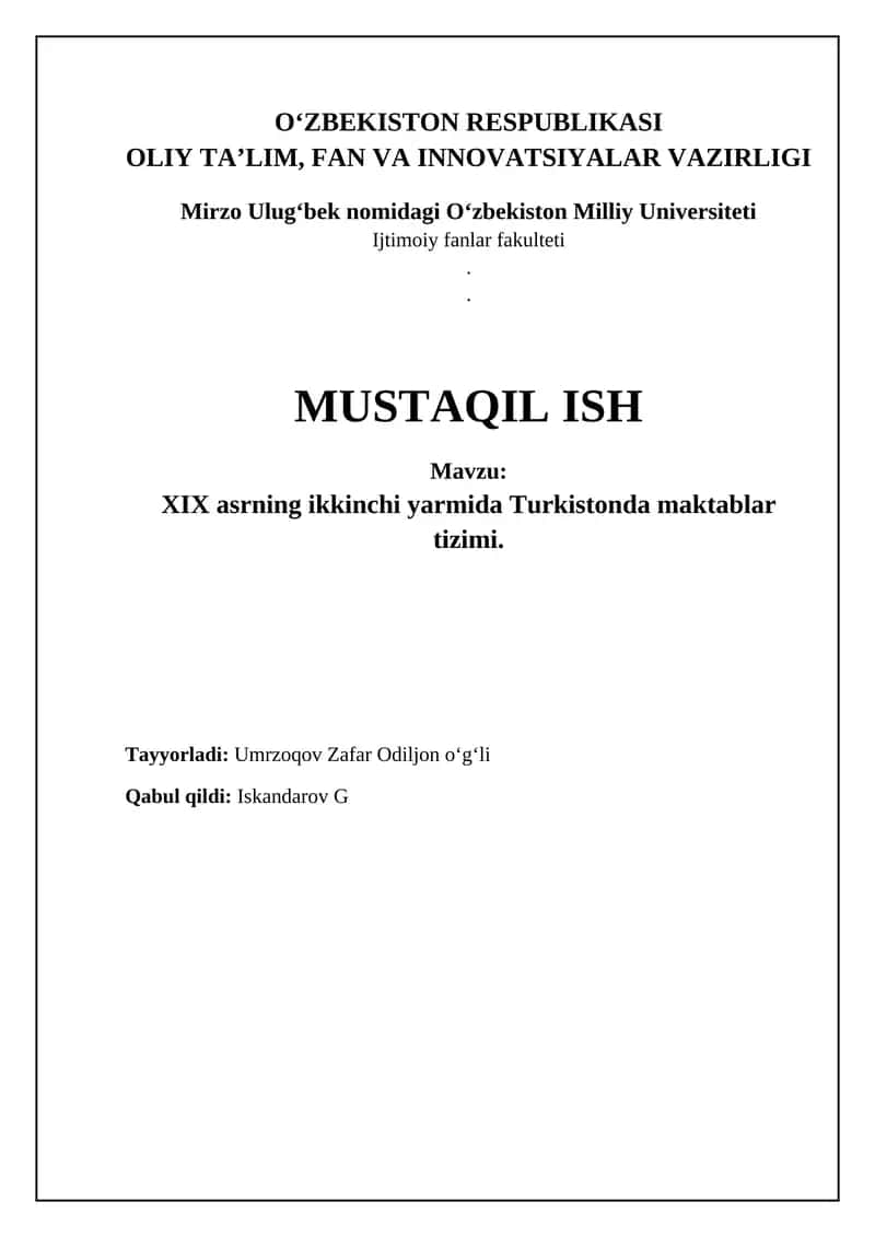 XIX asrning ikkinchi yarmida Turkistonda maktablar tizimi 1