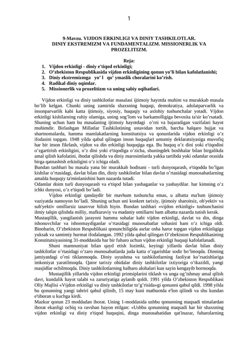 VIJDON ERKINLIGI VA DINIY TASHKILOTLAR 1
