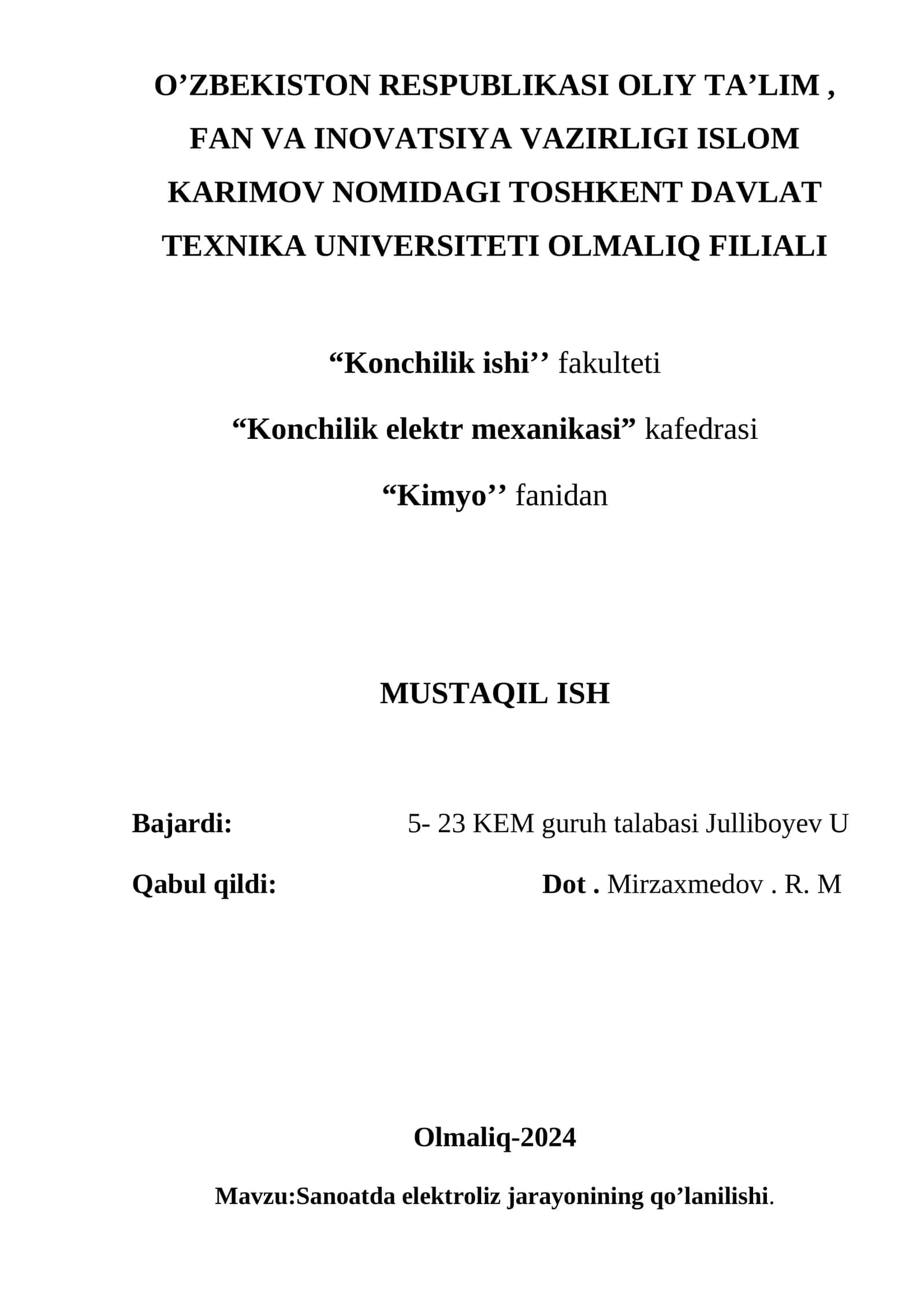 Sanoatda elektroliz jarayonining qo’lanilishi 1