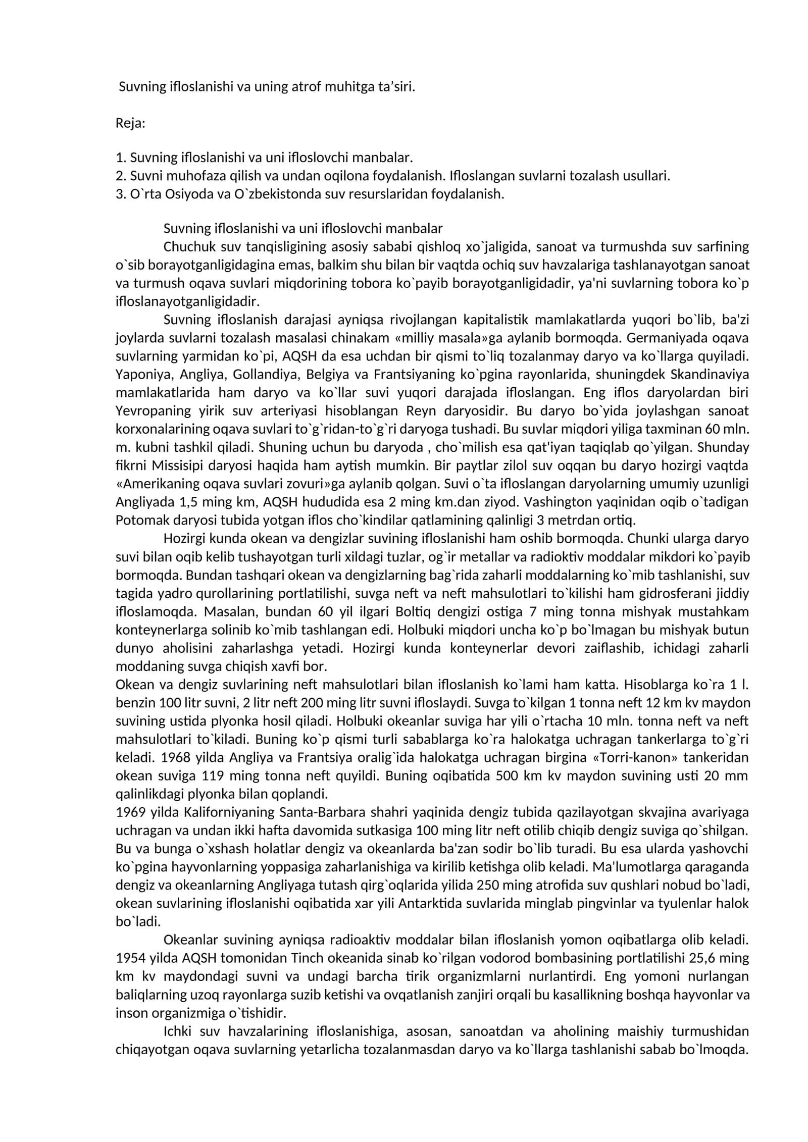 Suvning ifloslanishi va uni ifloslovchi manbalar 1