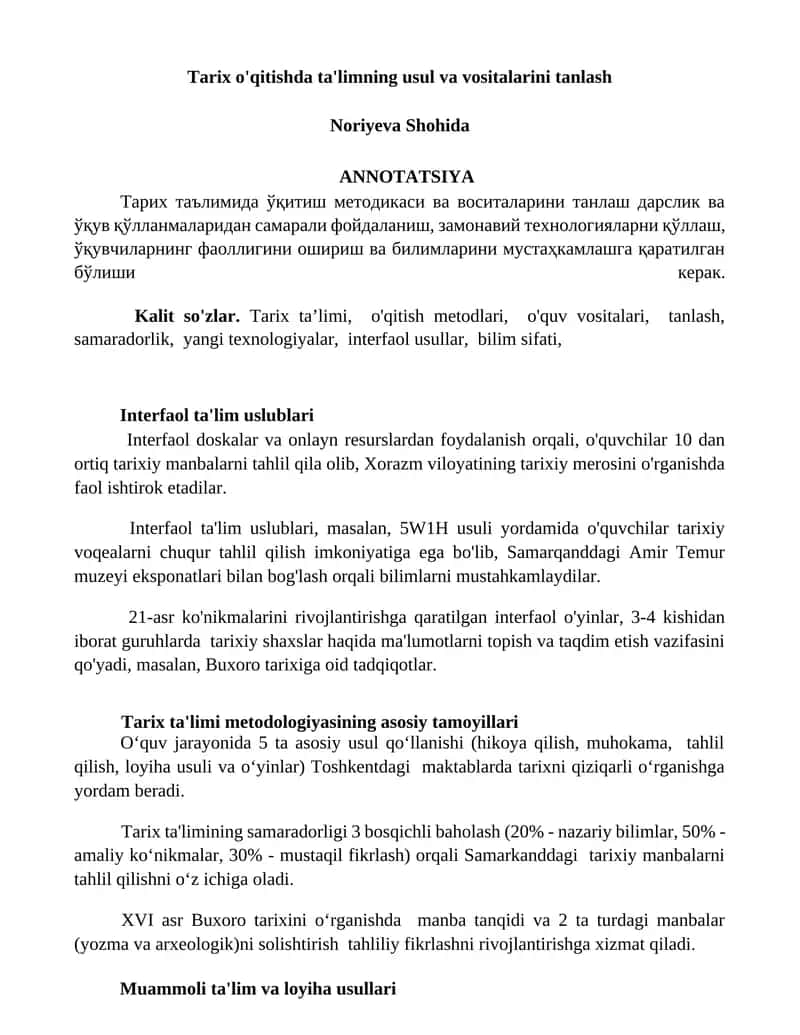 Tarix o'qitishda ta'limning usul va vositalarini tanlash 1