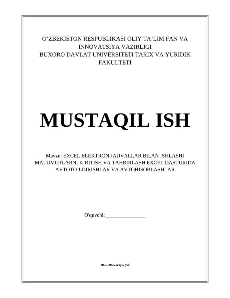 EXCEL ELEKTRON JADVALLAR BILAN ISHLASH 1