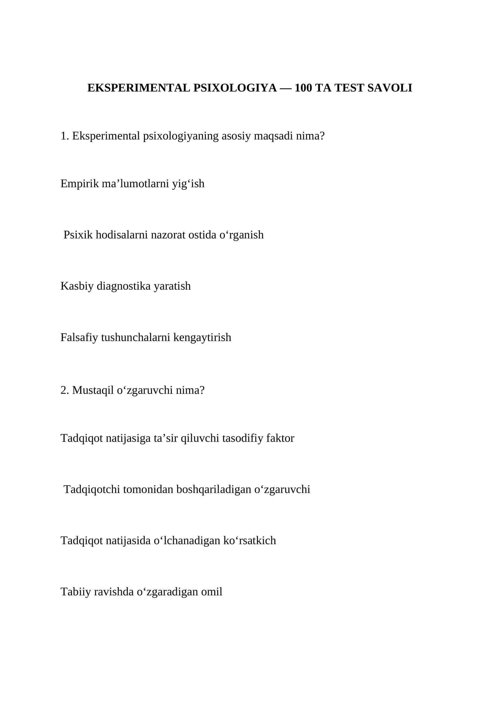 EKSPERIMENTAL PSIXOLOGIYA — 100 TA TEST SAVOLI 1