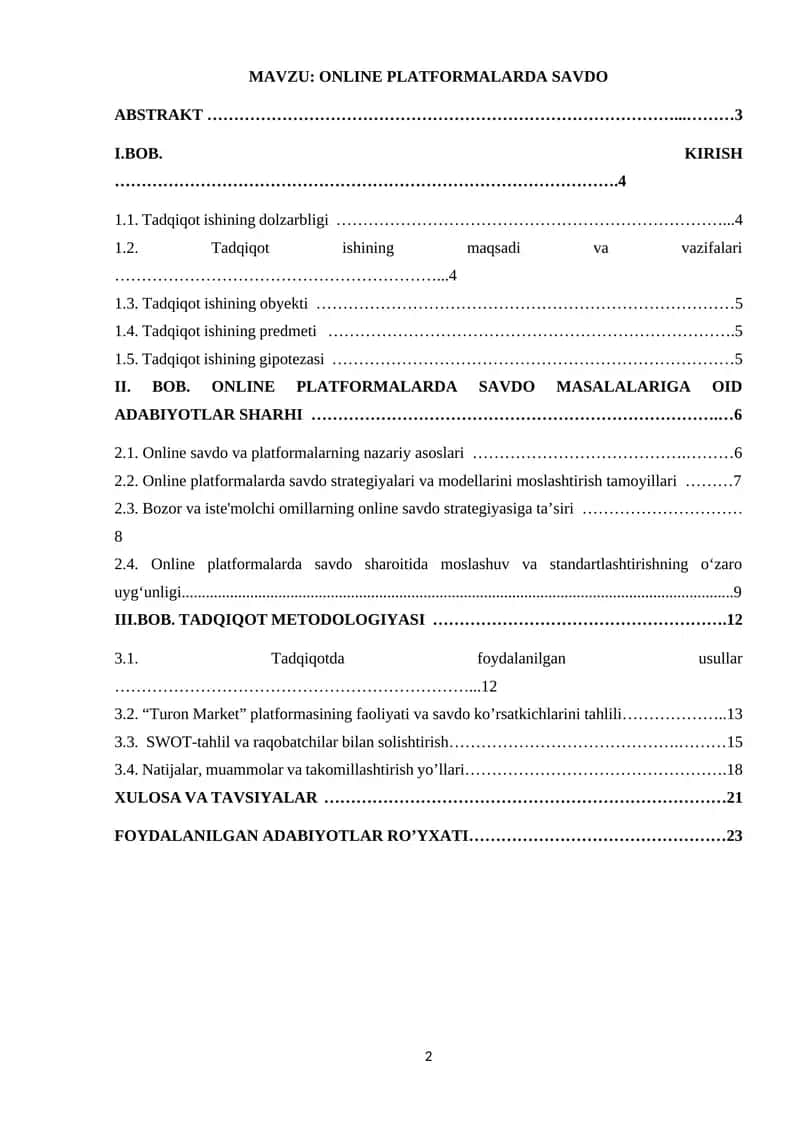 Online platformalarda savdo. TADQIQOT ISHI 1