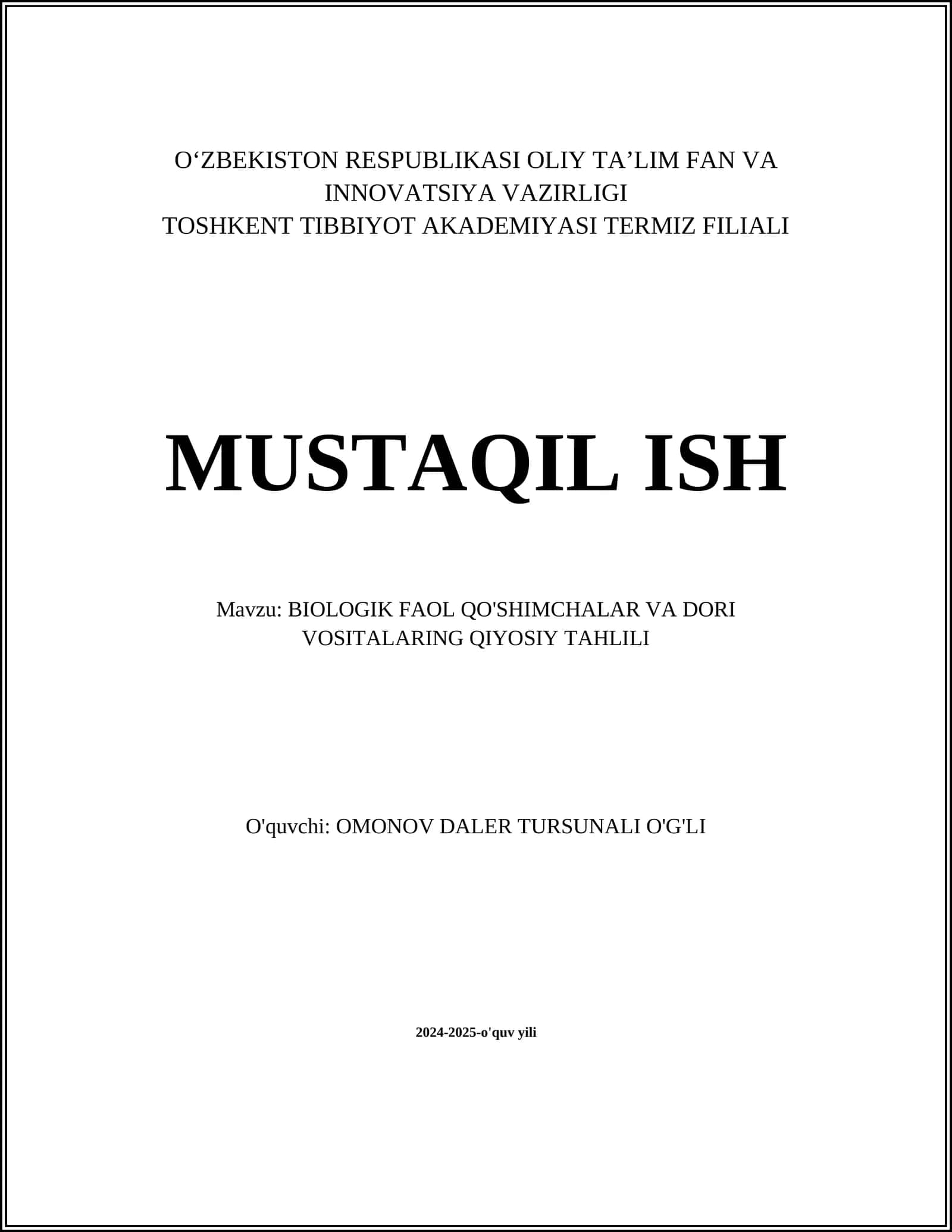 BIOLOGIK FAOL QO'SHIMCHALAR VA DORI VOSITALARING QIYOSIY TAHLILI 1